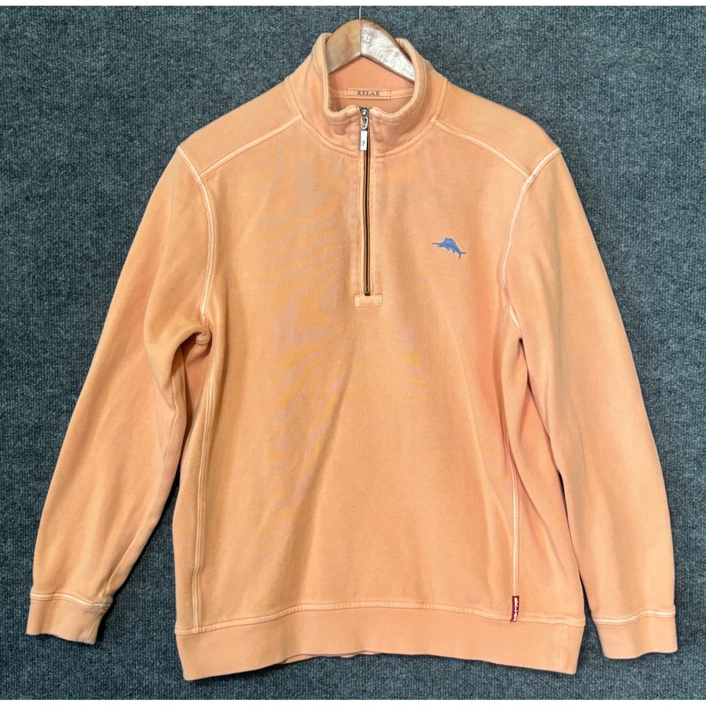 Tommy Bahama‎ Relax Mens Quarter Zip Pullover Coral Ribbed 100% Cotton Size M